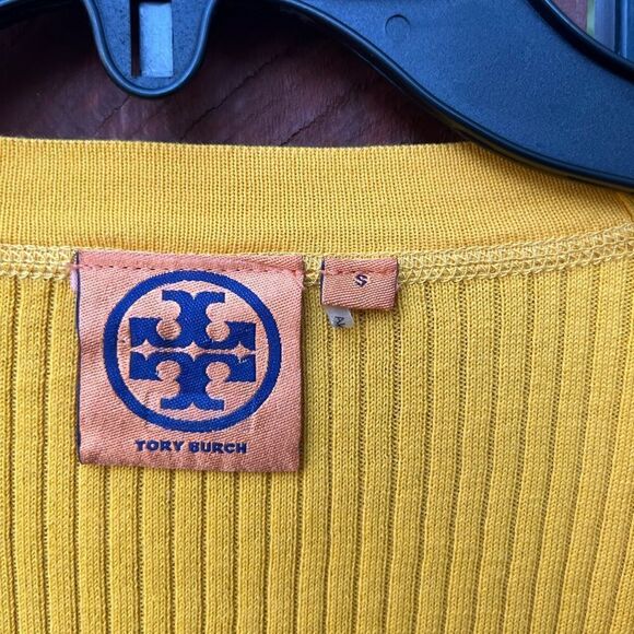 TORY BURCH Simone Ribbed Mustard Cardigan size small - Picture 4 of 5
